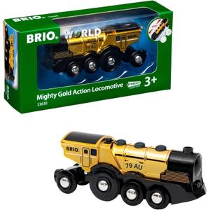 BRIO World Mighty Golden Action Locomotive - Battery Operated Toy Train for Wooden Track - Motorized Train with Lights & Sound - Works with All BRIO Sets - Exciting, Interactive Play - Ages 3 & Up