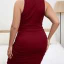 WDIRARA Women's Plus Size Round Neck Sleeveless Ruched Ribbed Knit Bodycon Tank Dress (Red)