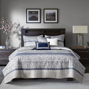 Madison Park Queen Quilt Set Lustrous Jacquard & Glitter Accent Coverlet Set for Queen Size Bed - All Season, Lightweight Queen Quilt Set, Shams, Decorative Pillow, Full/ Queen Chevron Grey/ Navy