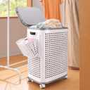 IMHO 85L Large Capacity Laundry Basket with Removable Lid and Liner - Sturdy and durable wheeled laundry basket, space-saving, Lockable 360° Wheels for Bathroom Bedroom Dorm Home Storage(White)