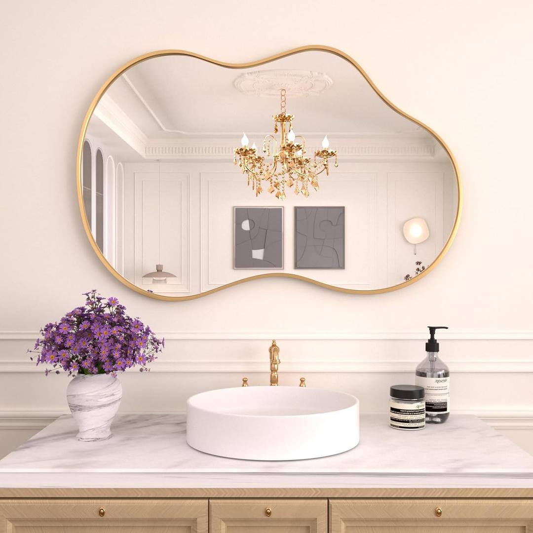WEER Irregular Wall Mirror, 24x36 inch Gold Asymmetrical Wall Mounted Mirrors Decorative, Abstract Wavy Aluminum Alloy Frame for Bathroom, Bedroom, Living Room, Entryway