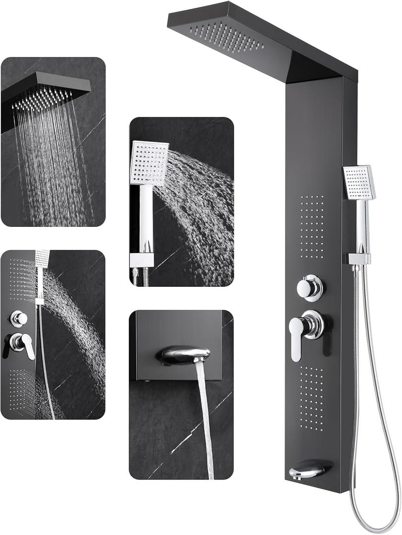 ROVOGO Shower Panel Tower System with Rainfall Shower, Body Jets, Handheld and Tub Spout, High Pressure Shower Column Stainless Steel, 46.5 in. Black