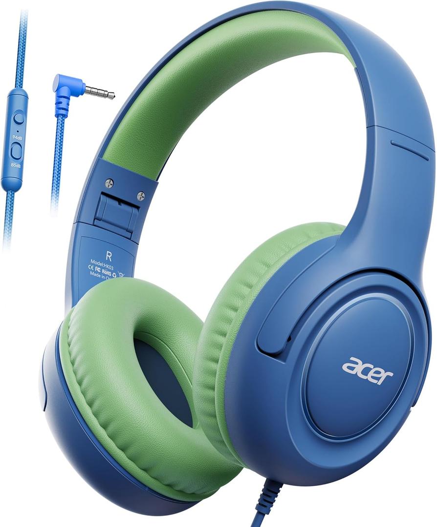 acer Kids Headphones - Over-Ear 85/94dB Volume Limiter, 3.5mm Jack Foldable Stereo Sound Headset for Toddlers Girls Boys Travel Learning Entertainment Tablet Kindle iPad PC Blue Green, HK03
