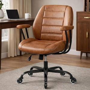 Brown Leather Office Chair with Quiet Rubber Wheels and Lumbar Support, Mid-Back Ergonomic Desk Chair with Removable Armrests, Height Adjustable Computer Chair for Home Office
