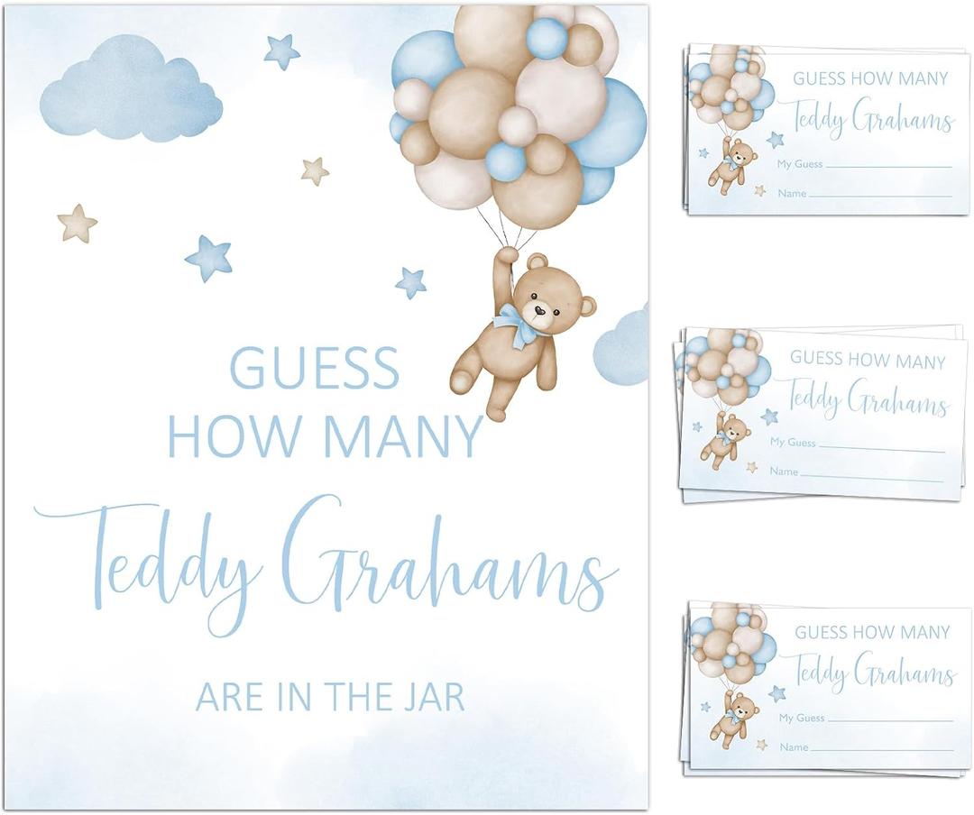 noxozoqm We Can Bearly Wait Baby Shower Games Guess How Many Bear Game Sign and String Card for 50 Guests for Boys Baby Shower, Routine, Blue