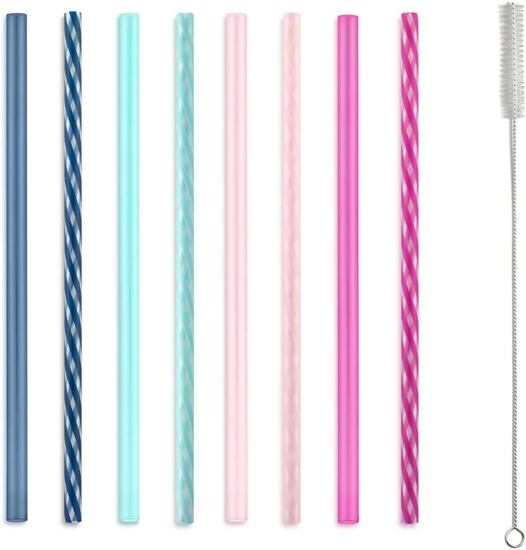 2 x Ello Impact 8 Pack Reusable Plastic Straws, Dishwasher Safe, BPA-Free with Cleaning Brush,Rosewater