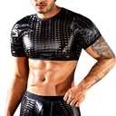 Kaei&Shi Mens Crop Top,Short Sleeve Shirt,Hollow Out Shorts Set Sexy Club Outfits Black