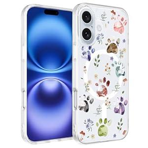 Ftonglogy for iPhone 16 Case: Compatible with MagSafe Clear Cute Flowers Floral Design for Girls Women Slim Soft TPU Bumper Shockproof Silicone Magnetic Cell Phone Cover (Dog Paw/ Garden)