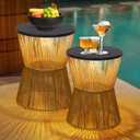 HMVPL Solar Outdoor Side Table with Dimmable Light, Patio Side Tables for Outside, Round Outdoor End Tables Set of 2, Plastic Rattan Patio End Accent Table for Poolside Backyard Gazebo, Dusk to Dawn, 13 inches x 13 inches x 17 inches
