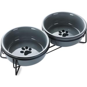 GDCZ Ceramics Raised Cat Bowls with Heighten Metal Stand,15 Ounces (Grey)