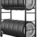 Tire Rack, 56 x 44 x 20 Inches Garage Tire Storage and Organization, Rolling Tire Rack 218KG/480LBS Capacity,2 Storage Shelf & 4 Swivel Casters,Black
