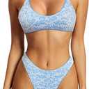 SUUKSESS Women High Waisted Thong Bikini Set Reversible String 2 Piece Swimsuit (Large, 56 Blue Ditsy Floral)