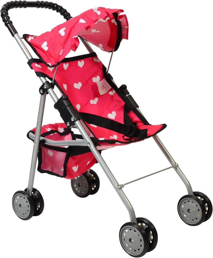 The New York Doll Collection My First Doll Stroller with Basket & Heart Design Foldable Doll Stroller, Pink