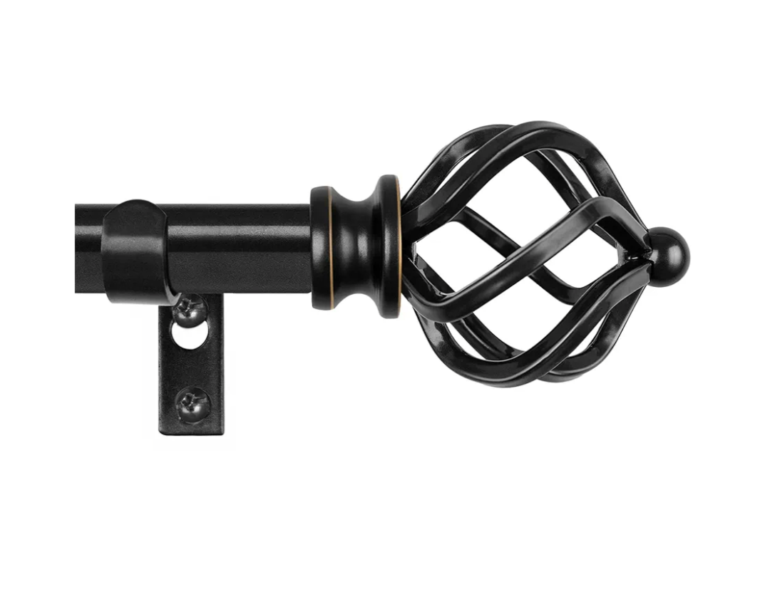 KAMANINA Black Curtain Rod 32 to 58 Inch(2.6-4.8ft), Adjustable Curtain Rods for Windows 28 to 48 Inch, 3/4 Inch Splicing Drapery Rods with Twisted Cage Finial