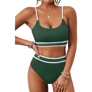 BMJL Women's High Waisted Bikini Ribbed Two Piece Swimsuit High Cut Color Block Adjustable Straps Bathing Suit (Large, Green043)