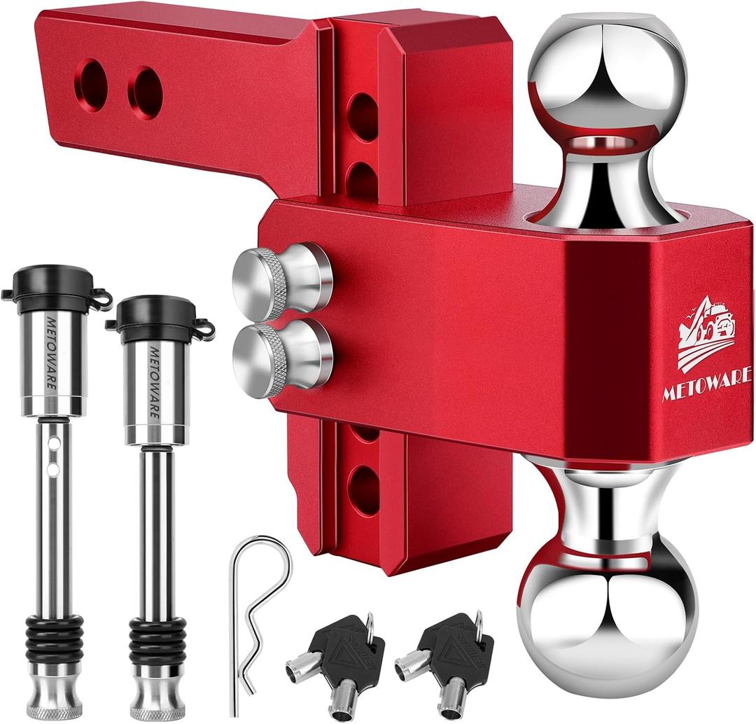 METOWARE Adjustable Trailer Hitch - Aluminum Tow Hitch Fits 2-Inch Receiver - Heavy Duty Drop Hitch with 4-Inch Drop/Rise for Truck (14,000 LBS GTW), Double Stainless Steel Locks & Hitch Pin, Red