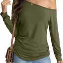 Womens Off Shoulder Side Ruched Shirt Long Sleeve Casual Boat Neck Tee Loose Fit Y2K Going Out Top Fall Blouse (Medium, Army Green)