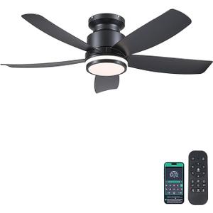 Ceiling Fans with Lights and Remote/APP Control, 52" Low Profile Flush Mount Ceiling Fan with RGB Ring Light & Dimmable, 5 Reversible Curved Blades 3 CCT 6 Speeds for Kids Room Living Room, White