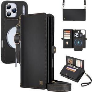 for Wallet Case Compatible with iPhone 17 Pro,Multi-Function Detachable 2 in 1 Magnetic iPhone 17 Pro Case Wallet,Flip Strap Zipper Card Holder Phone Case with Shoulder Straps (Black)