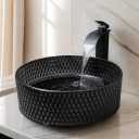 Black Crystal Bathroom Vessel Sink with Waterfall Faucet and Drain Combo,16 Inch Diamond Shaped Tempered Glass Sink Above Counter Round Bathroom Sink Bowl Art Basin