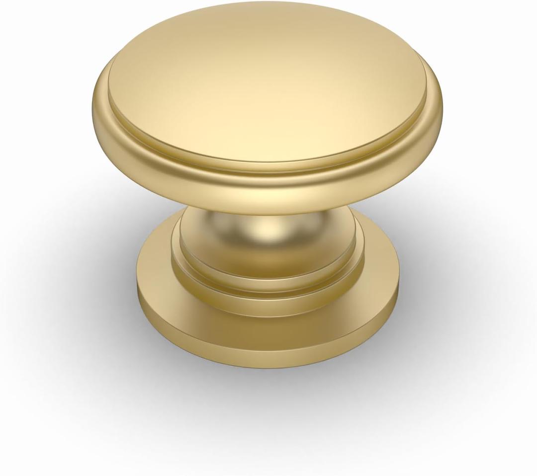 Amerdeco 10 Pack 1-1/4 inch Kitchen Cabinet Knobs Brushed Gold Cabinet Knobs Bedroom Dresser Gold Round Drawer Knobs Single Hole Cabinet Pulls