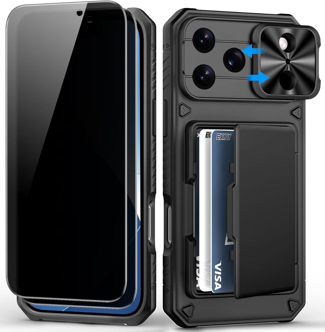 BXYJY for iPhone 17 Pro Max Case Wallet, 2 Privacy Screen Protectors, Card Holder (4-5 Cards), Slide Camera Cover, Military Grade Drop, Heavy Duty Men Women Phone Case for iPhone 17 Pro Max, Black