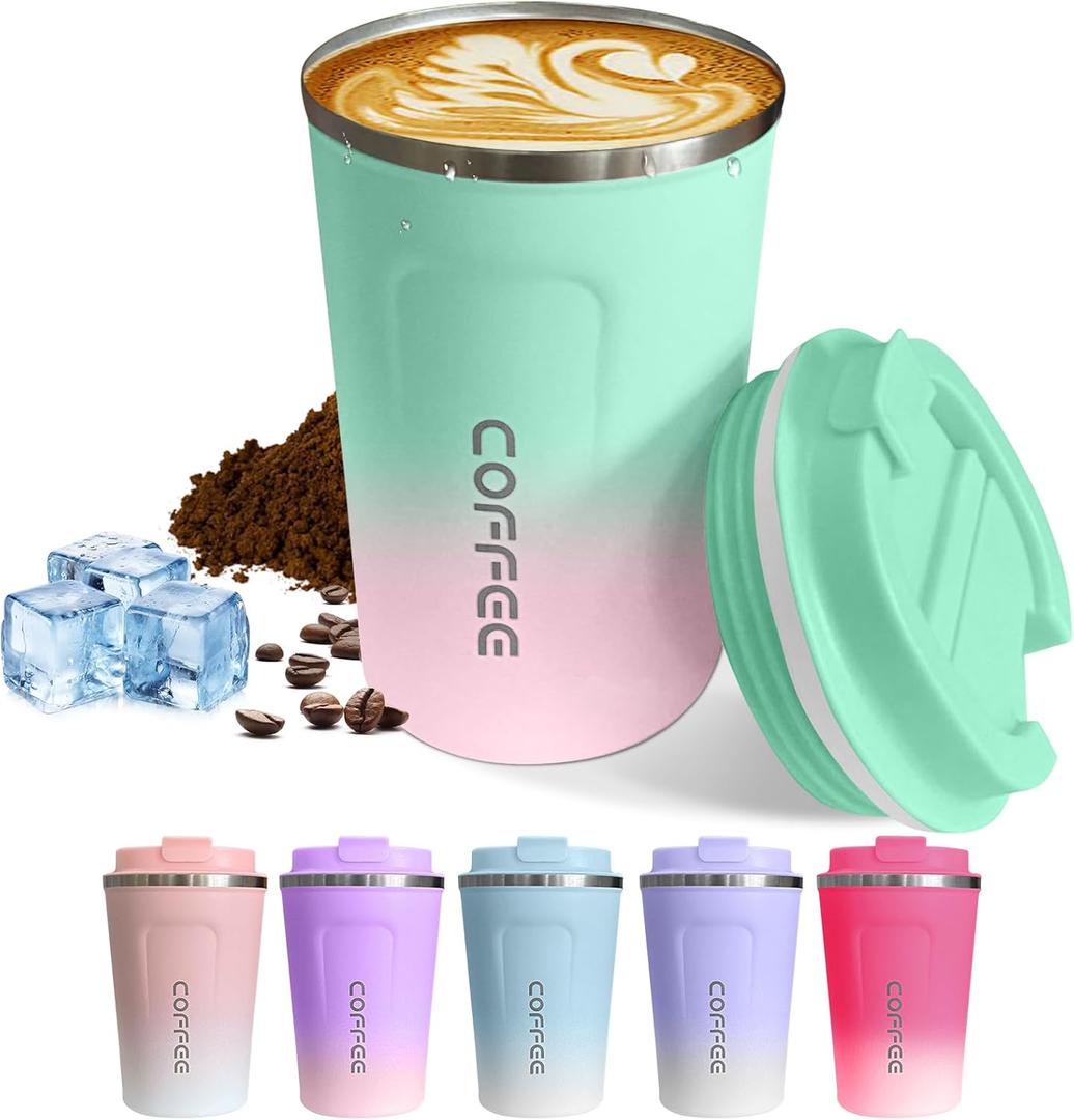 Travel coffee mugs leak-proof, reusable coffee cups with lids, stainless steel vacuum thermos coffee tumblers,thermal insulation cups for men and women hot & cold drinks (2nd-Green Pink, 12OZ)