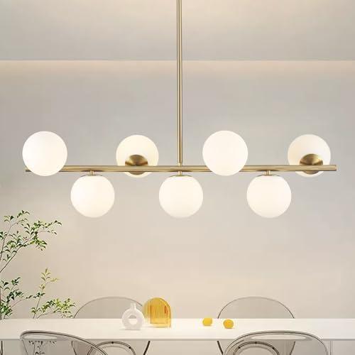 Gold Chandeliers for Dining Room Light Fixture, 7-Light Brass Linear Sputniks Chandelier with Glass Globe Shade, Mid Century Modern Chandelier Hanging Pendant Lights for Kitchen Island Living Room