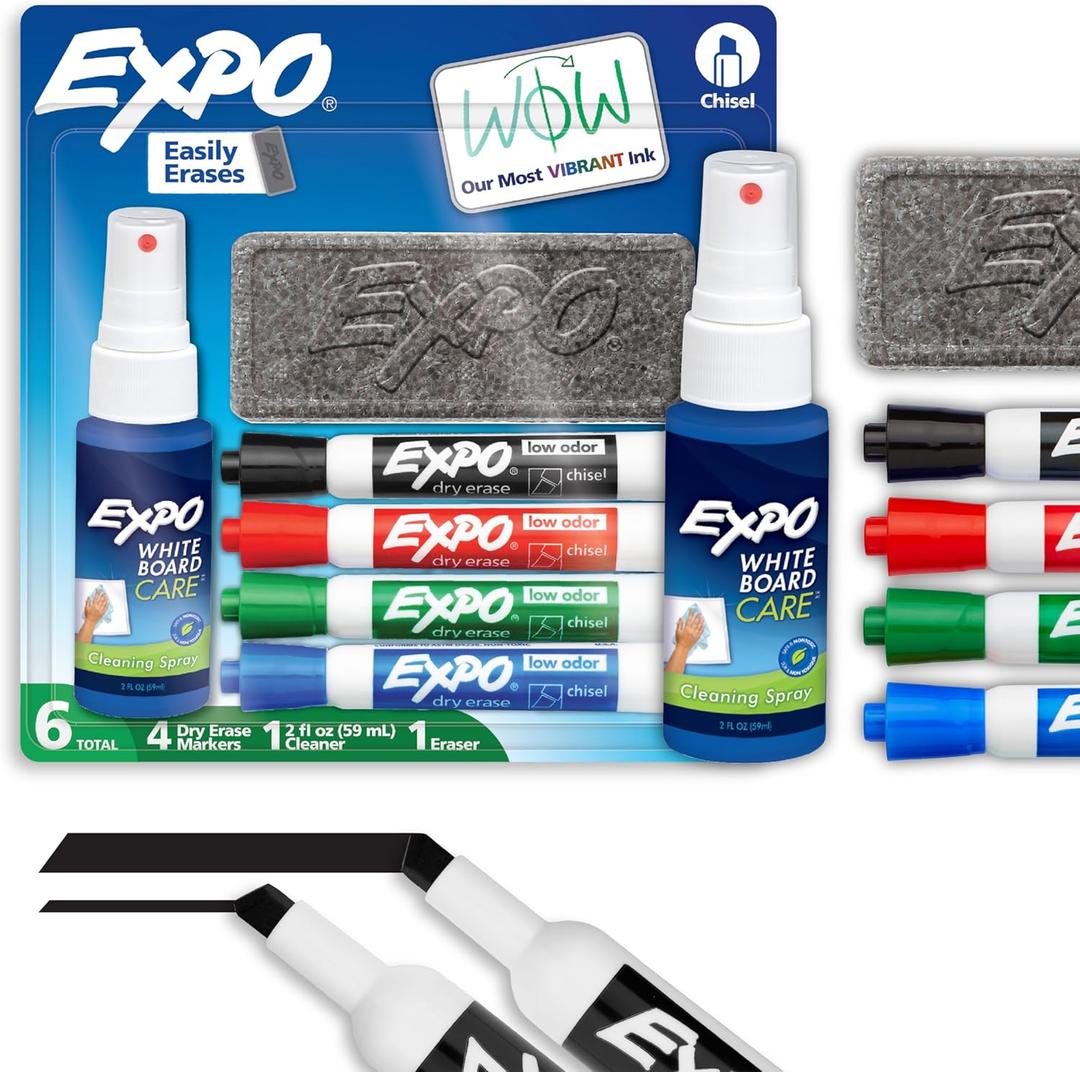 EXPO Low Odor Dry Erase Marker Set with White Board Eraser and Cleaner Chisel Tip Dry Erase Markers Assorted Colors 6 Piece Set with Whiteboard Cleaner