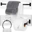 Ilyapa Rustic Towel Bar Toilet Paper Holder Set with Towel Ring for Bathroom- Wall Mounted Racks - White Wood & Black Metal Bar, Farmhouse Decor