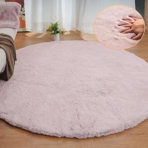 Pink Boho Round Rugs 8ft Large Fluffy Machine Washable Fuzzy Fur Area Rugs for Living Room Plush Circle Sheepskin Rugs for Bedroom Nursery Rug
