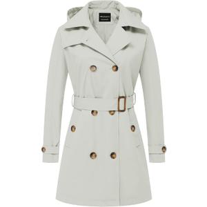CREATMO US Women's Trench Coat Double-Breasted Classic Lapel Overcoat Belted Slim Outerwear Coat with Detachable Hood (Off-white)