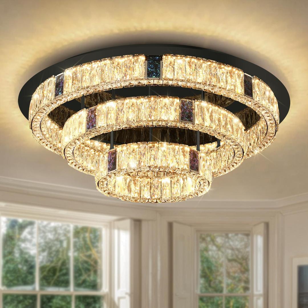 32in Modern Led Crystal Chandelier for Living Room Round Crystal Ring Chandelier Black 3-Tier Crystal Ceiling Light for Dining Room Kitchen Bedroom Dimmable Lighting