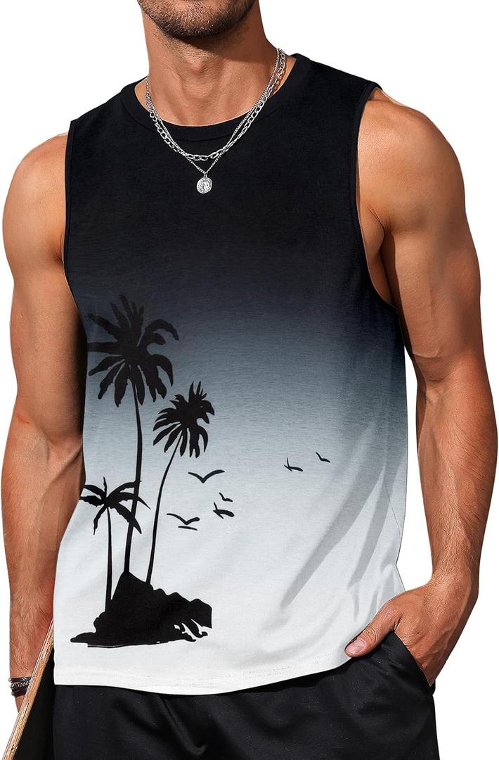Men's Graphic Tank Tops Sleeveless Muscle Shirts Beach Hawaiian Coconut Tree Patriotic Tank Tops (XX-Large, Black+ white)