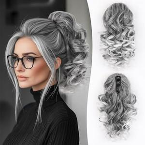Claw Clip Ponytail Extension - 12 Inch Curly Ponytail Extension, Wavy Pony Tails Hair Extensions, Synthetic Hair Extensions Ponytail, Clip On Ponytails for Women (Color: Grey With White Ends)