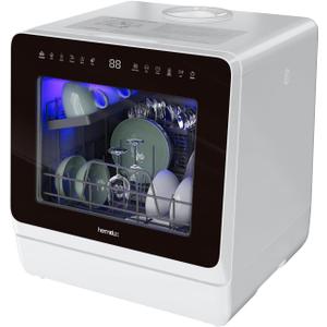 Hermitlux Countertop Dishwasher, 7 Washing Programs Portable Mini Dishwasher with 5-Liter Built-in Water Tank for Apartments & RVs, LED Light, Glass Door, No Hookup Needed