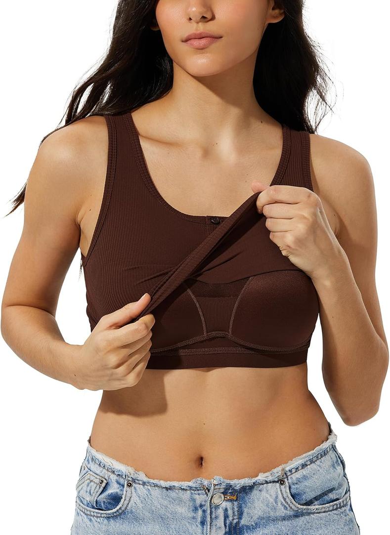 ZeroBound Built in Shelf Bra Crop Tank Tops for Women Scoop Neck Henley Button Sleeveless Casual Basic Tee Shirt Outfits (Brown, S)
