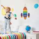 Rocket Shape Wooden Sign,Welcome to Our Playroom Door Hanger,Playroom Rules Wall Hanging,Classroom Door Decor,Colorful Motivational Quote Sign for Kids Child School Classroom Bedroom Porch