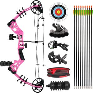 Compound Bow and Arrow Kit Youth Bow and Arrow Set, 15-45 Lbs Draw Weight, 18"-29" Draw Length, Right Handed Bow for Beginner, 320 Fps Hunting & Target Bow with All Accessories, Pink