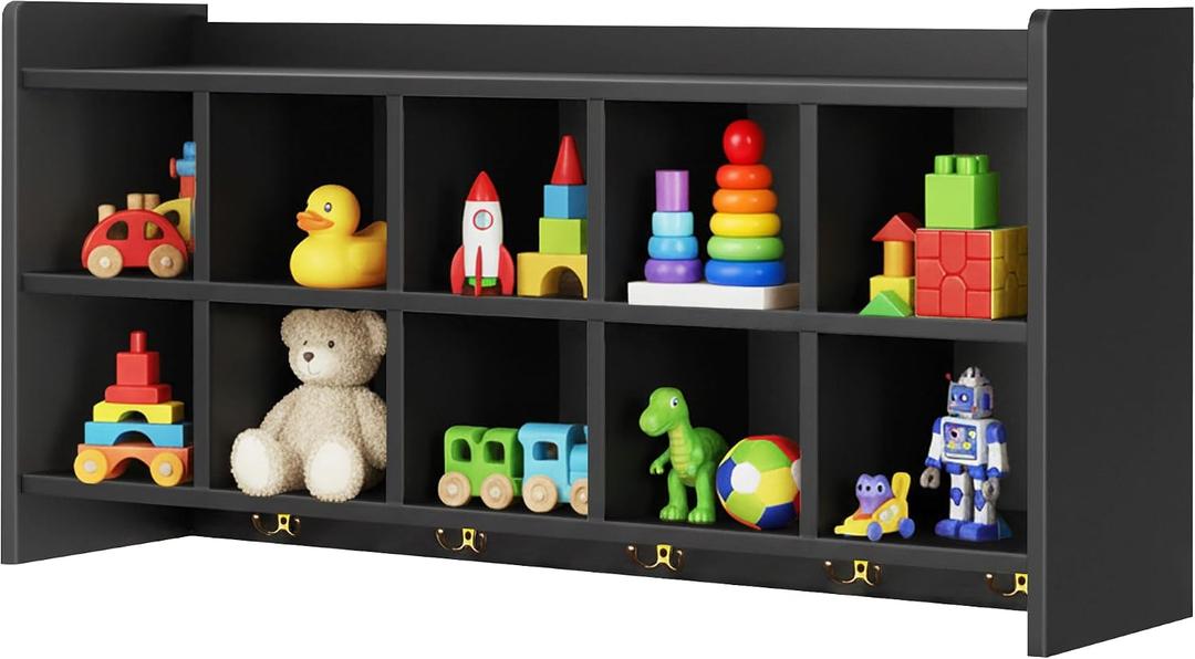 Wall Cubbies, 10 Cubby Storage Organizer with Coat Hooks, Cubbies for Classrooms,Wooden Cubby Shelf for Toys, Bags and Books, Used in School, Gym, Daycare Storge (Black)