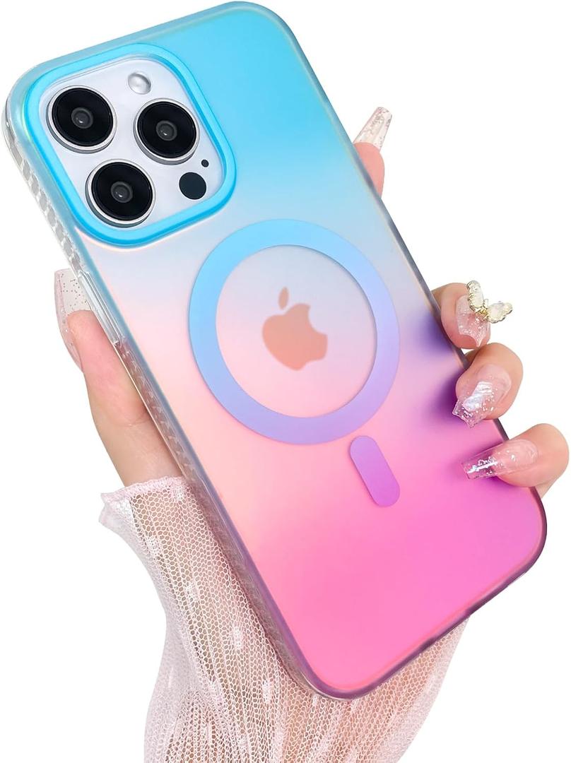 Aesthetic Case for iPhone 13 Pro Max Case for Women Girls, Compatible with Magsafe, Cute Girly Trendy Glitter Sparkly Rainbow Magnetic Protective Phone Cover, Matte Iridescent Blue & Pink