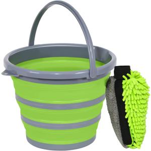 Collapsible Bucket with 3-in-1 Car Wash Mitt, Coral Velvet + Weave + Chenille Microfiber Glove Sponge, 10L (2.6 Gallon) Portable Folding Basin Pail for Household Cleaning