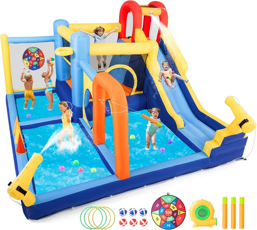 JOYLDIAS Inflatable Water Slide,Water Park Bounce House,Slide Bouncer Castle Playhouse w/Splash Pool, Climbing Wall, TrampolineFelt Ball Target, Ring Toss Game for Kids Outdoor Fun, 550W Air Blower