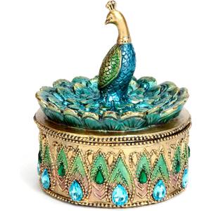 Bits and Pieces Peacock Jewelry Box for Women Small Keepsake Box with Peacock Figurine Lid - Decorative Boxes for Home Decor