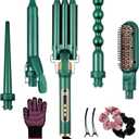 Yinhua Curling Iron Set, 5 in 1 Curling Wand with 4 Interchangeable Ceramic Barrels and 1 Straight Hair Brush, 30S Instant Heat Up, LCD Temp Adjustment, Dual Voltage, Includes Heat Resistant Gloves (Green)