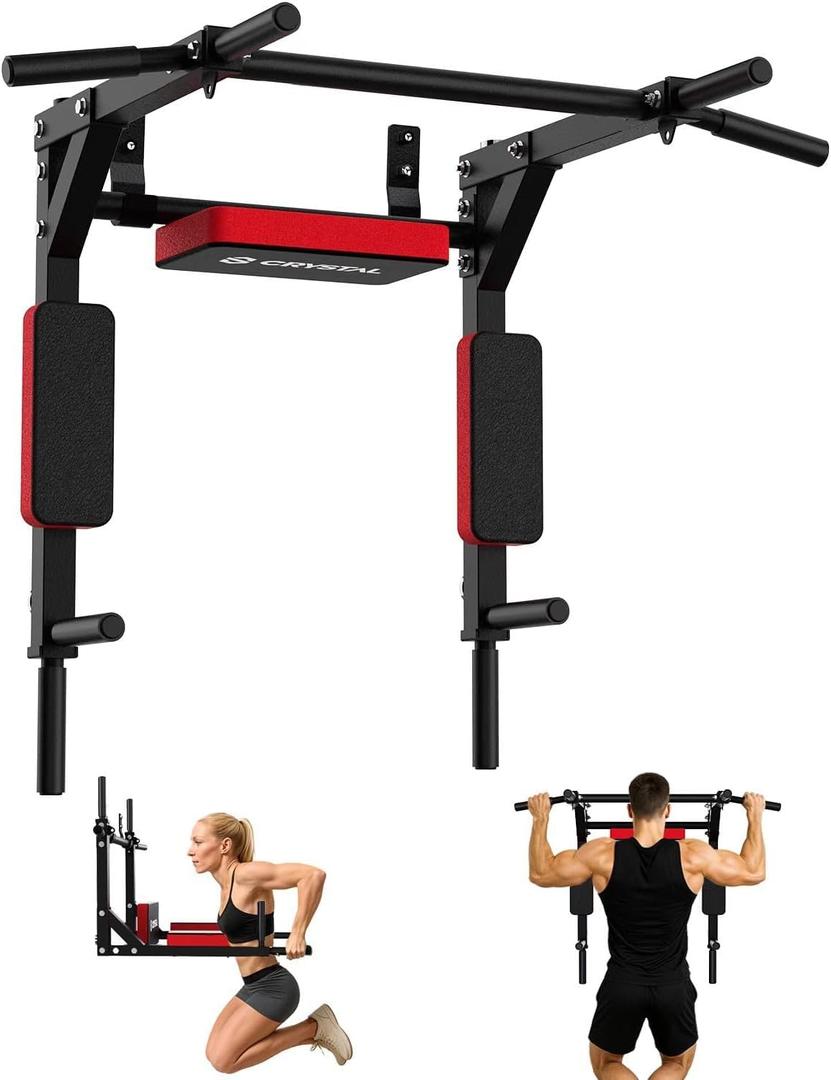 CRYSTAL FIT Multifunctional Wall Mounted Pull Up Bar, Chin Up Bar and Dip Station, Heavy Duty Steel Supports to 440 Lbs, Home Gym Workout Indoor Power Tower Set Training Equipment Fitness