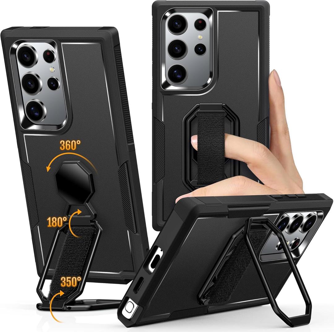 Shields Up for Samsung Galaxy S24 Ultra Case with Stand (Two-Way Stand & Finger Strap), Galaxy S24 Ultra Phone Grip Case with Double Ring Holder, Heavy Duty Shockproof Cover for S24 Ultra, Black