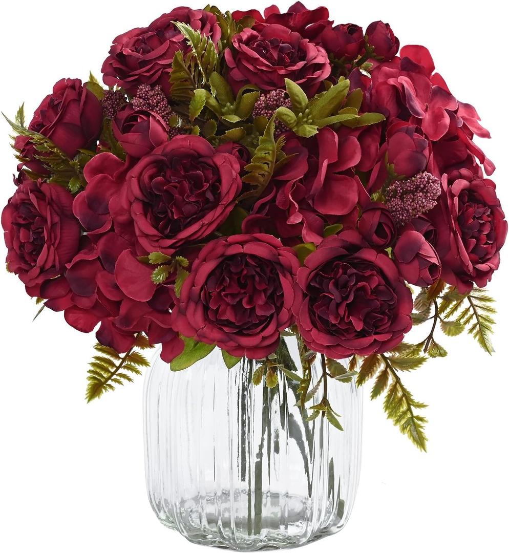 MARTINE MALL 4 Packs Peonies Artificial Flowers, Burgundy Artificial Peonies, Silk Peonies Flowers Fake Peonies Artificial Flowers Peonies Bouquet for Halloween Centerpiece Table Wedding Home Decor (Red)