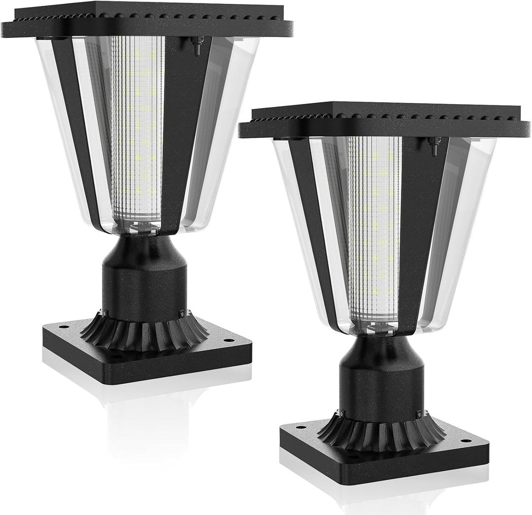 Lovus Solar Post Lights with Pier Mount Base, 6000K Cold White Solar Lamp Post Light IP65 Waterproof, Dusk to Dawn LED Outdoor Column Lights, 400LM Pole Light for Pillar, Garden, Yard, Gate, 2 Pack