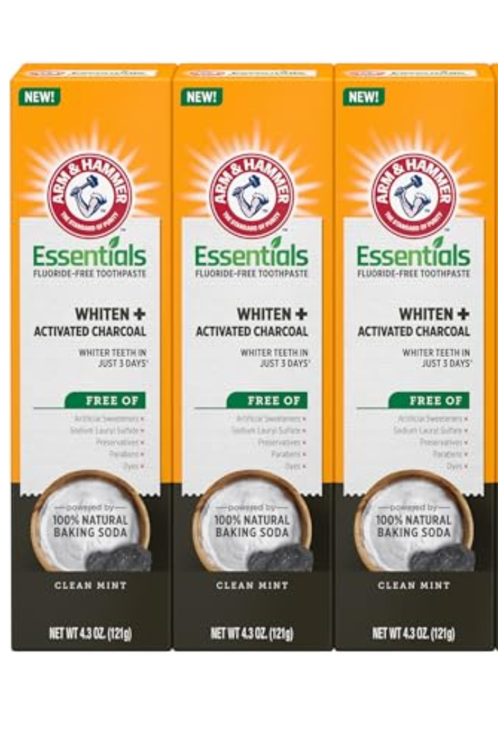 ARM & HAMMER Essentials Fluoride-Free Toothpaste Whiten + Activated Charcoal-3 Pack of 4.3oz Tubes, Clean Mint- 100% Natural Baking Soda